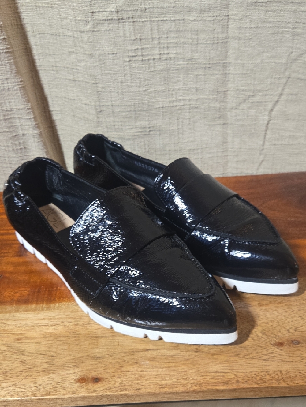 AGL Black Patent Slip-On Loafer with White Sole - Size 8M - Made In Italy
